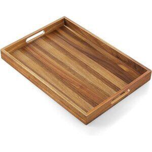 Large Acacia Wood Serving Tray with Handles Ottoman Coffee Table Organizer
